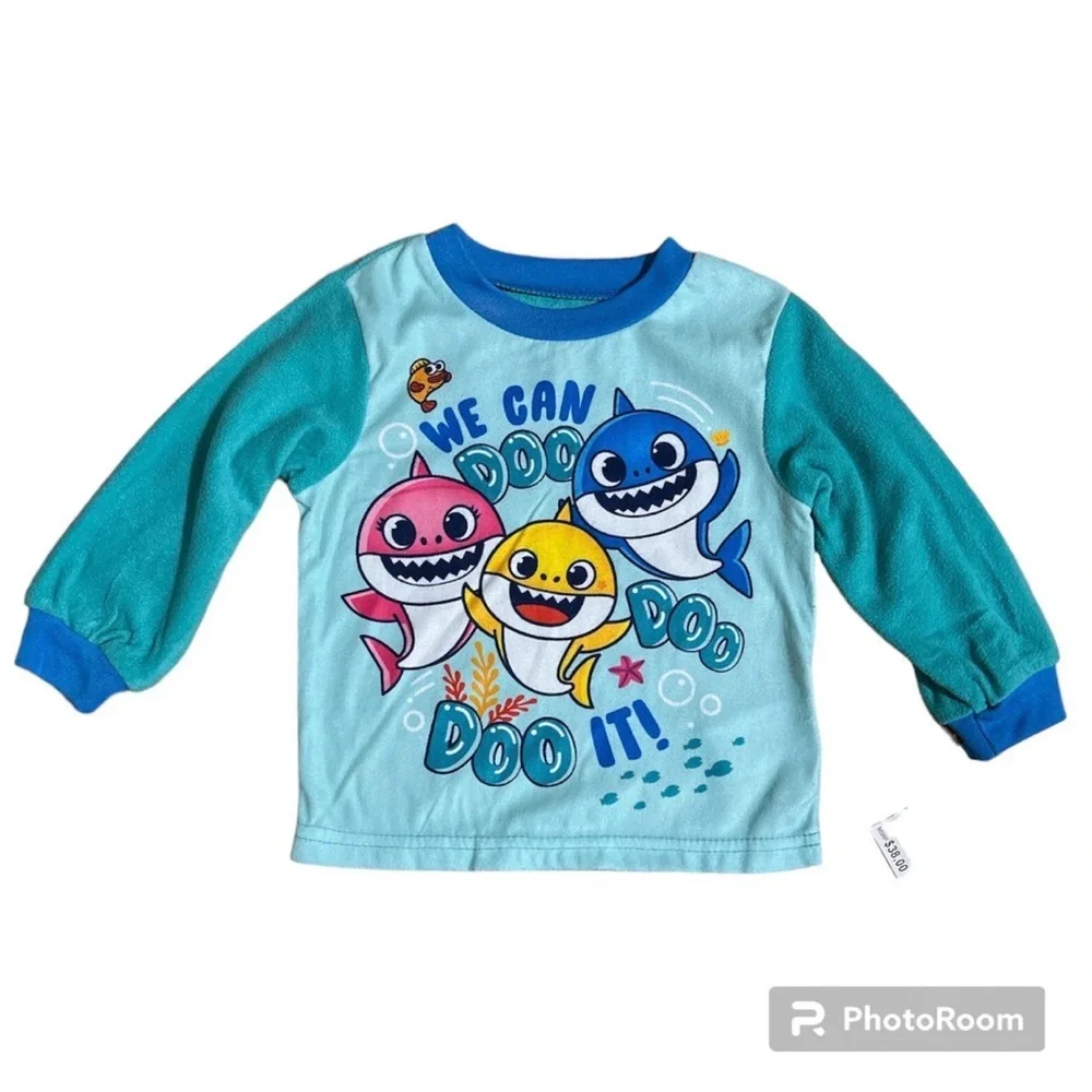 Baby Shark Boys 2 Pc Fleece Pajamas Set Blue Long Sleeve Shirt Pants PJs 2T